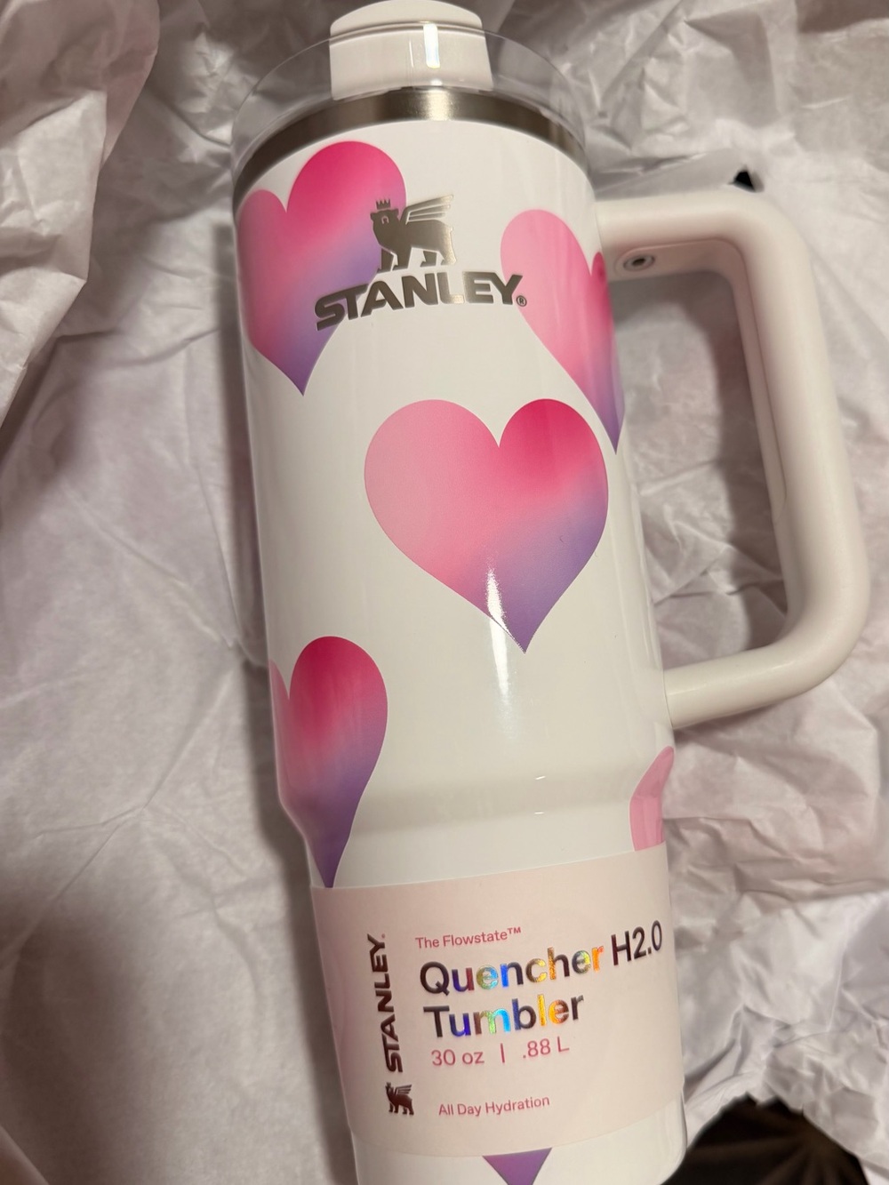 Stanley White Tumbler with Pink Gradient Hearts